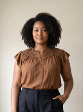 Load image into Gallery viewer, Extended Size Ruffled Henley Blouse | Brown