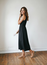 Load image into Gallery viewer, Black Smocked Midi Dress