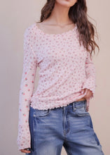 Load image into Gallery viewer, Pink + Pink Floral Printed Lettuce Hem Fitted Knit Top