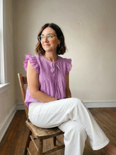 Load image into Gallery viewer, Lilac Flutter Sleeve Pintuck Cotton Blouse