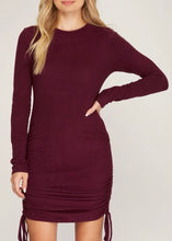 Load image into Gallery viewer, Long Sleeve Ruched Knit Dress | Wine