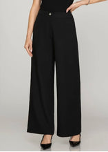 Load image into Gallery viewer, Woven black pants with elastic back waistband with white background