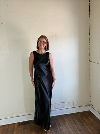Midnight Cowl Back Satin Maxi Dress | Black