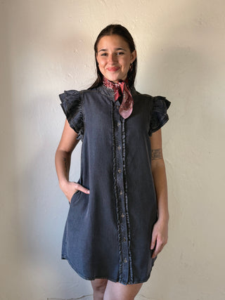 Washed Black Ruffle Denim Mini Dress