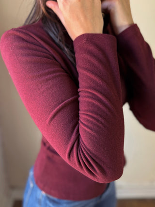 The Sutton Button Mock Neck Top | Oxblood