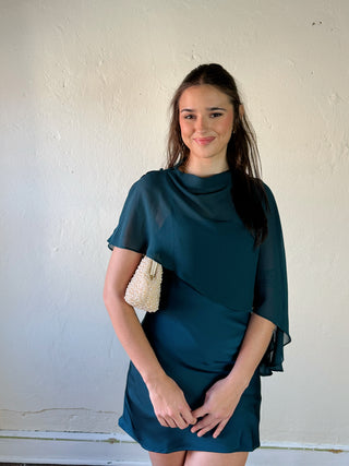 LE LIS satin cape overlay slip dress with elegant draped design, perfect for stylish evening wear.
