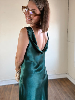 Midnight Cowl Back Satin Maxi Dress | Emerald