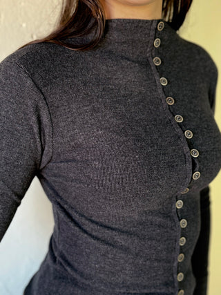 The Sutton Button Mock Neck Top | Charcoal