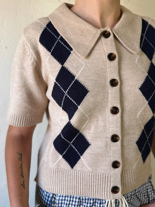 ENTRO Prep School Argyle short sleeve cardigan, navy and gray with classic argyle pattern, button-front design.