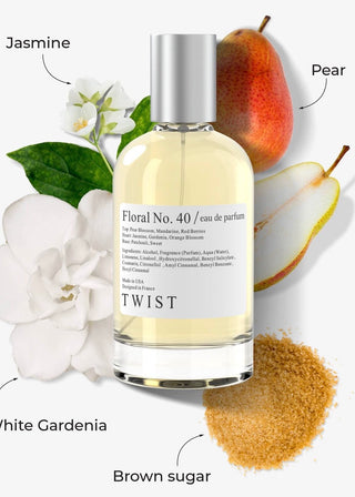 Twist Floral No 40 perfume gift box by Twist Perfumes featuring floral and gardenia-inspired design and elegant packaging.