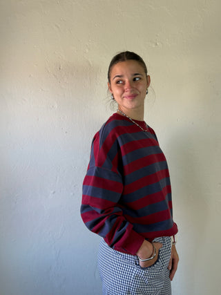 She + Sky Fireside Stripe Pique Top in wine and charcoal, featuring a stylish striped design and classic pique fabric.
