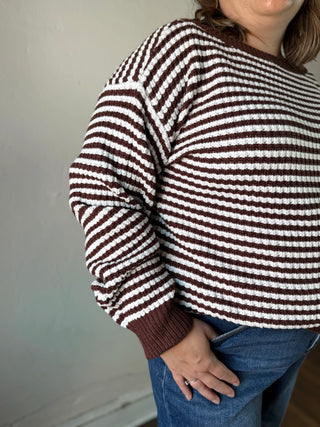 Extended Size Cocoa Stripe Boatneck Sweater
