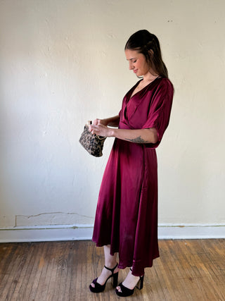 Maroon satin kimono sleeve midi dress by Sunday Edition by Le Lis, featuring a sleek, elegant design and flowing fabric.