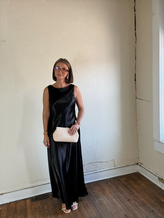 Midnight Cowl Back Satin Maxi Dress | Black