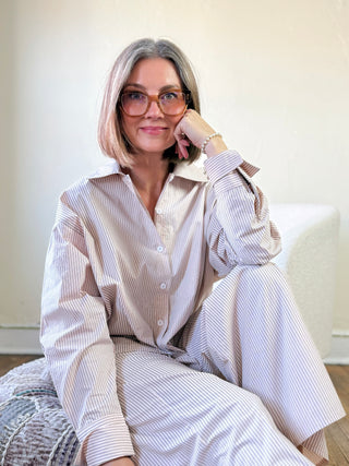 Pinstripe Button Up Pajama Set | Pink/Black