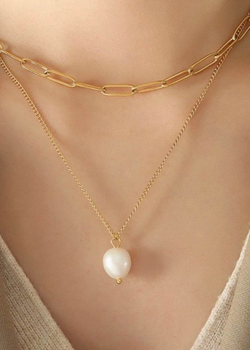 18K Stainless Steel Paper Clip & Pearl Necklace