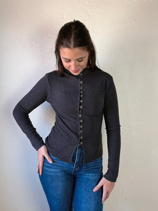 The Sutton Button Mock Neck Top | Charcoal