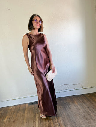 Midnight Cowl Back Satin Maxi Dress | Bronze
