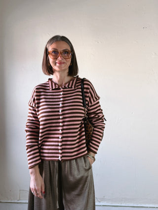 Elina Striped Collar Knit Top | Brown/Blush