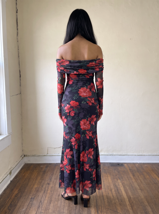 Midnight Bloom Off Shoulder Mesh Maxi Dress