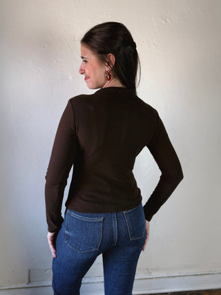 The Sutton Button Mock Neck Top | Brown