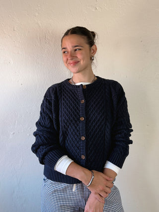 Buttermelon Heritage Cable Knit Cardigan, beige, with chunky cable pattern, button-up front, cozy and stylish for casual wear