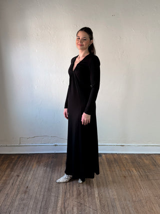 Stevie Jane After Dark Ruched Maxi Dress in black with fitted bodice and flowing skirt, elegant evening wear for women.