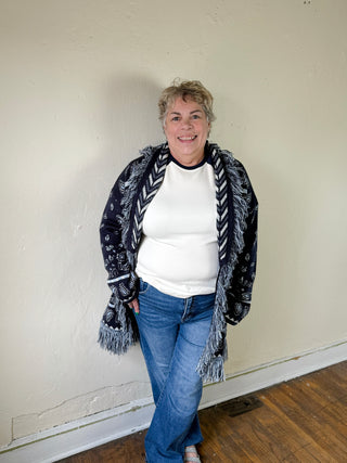 MABLE bandana fringe longline cardigan with a relaxed fit and long sleeves, featuring a stylish fringe detail down the front.