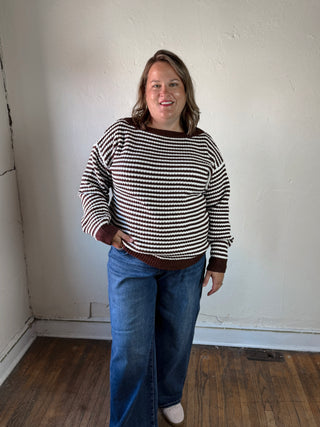 Extended Size Cocoa Stripe Boatneck Sweater