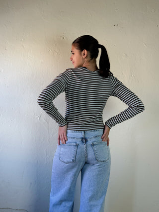 LSKT multi stripe button front top by SUNDAY EDITION BY LE LIS, featuring colorful horizontal stripes and a front button closure.