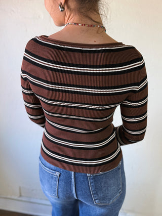 Brown Everyday Stripe Boat Neck Pullover by THE WORKSHOP STUDIO, featuring a classic striped design and boat neckline.