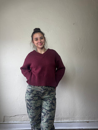 MOD REF Bordeaux Weekend V Neck Sweater, soft knit fabric, front V neckline, in deep Bordeaux red, casual and stylish for weekend wear.