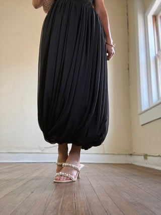 Midnight Draped Bubble Hem Midi Dress