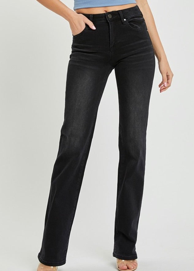 Extended Risen Black Mid Rise Straight Leg Jeans