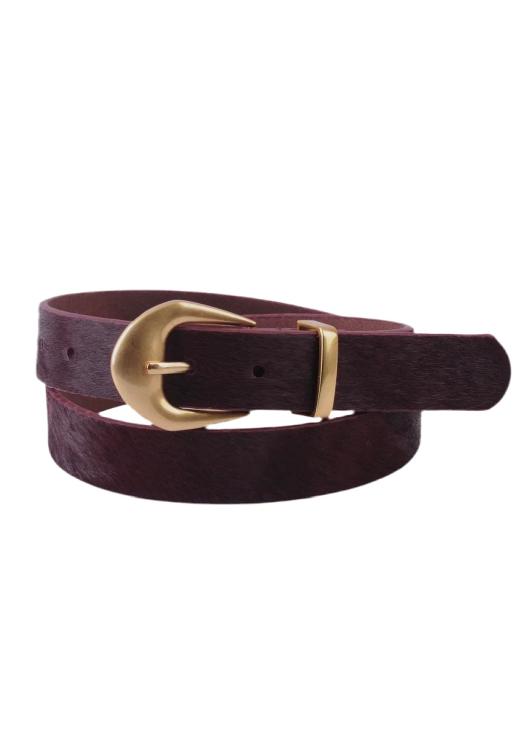 Burgundy Leather Calf Hair Belt with Gold Buckle