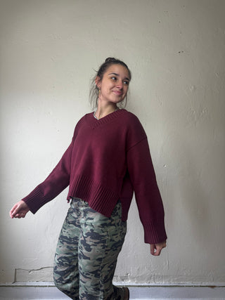 Bordeaux MOD REF Weekend V Neck Sweater, soft knit, casual style, featuring a V neckline and long sleeves.