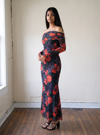 Midnight Bloom Off Shoulder Mesh Maxi Dress