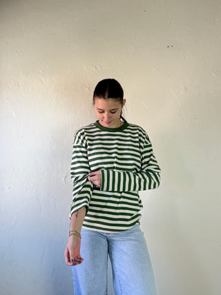 Waffle Knit Striped Top | Olive/Cream