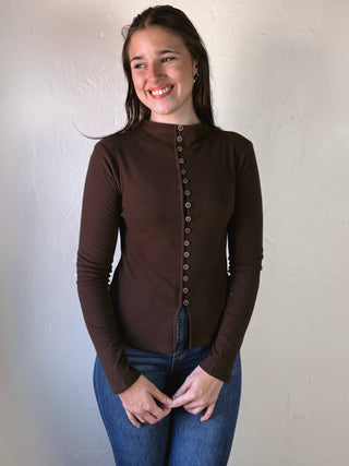 The Sutton Button Mock Neck Top | Brown