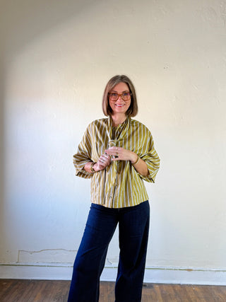 Dijon Striped Tie Collar Blouse