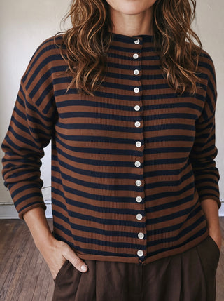 Elina Striped Collar Knit Top | Brown/Navy