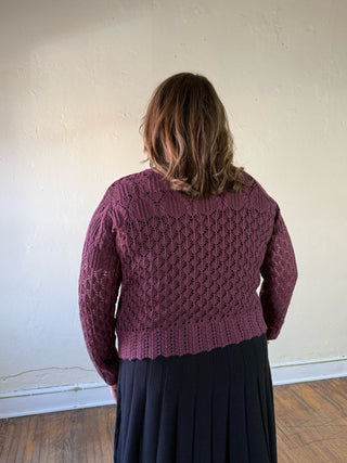 COZY CO POUT extended size merlot crochet cardigan with scallop collar, featuring intricate crochet pattern and relaxed fit.