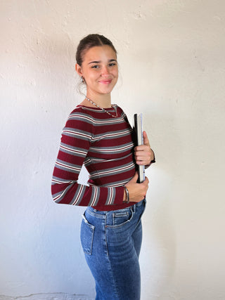 Burgundy striped boat neck pullover by THE WORKSHOP STUDIO, LGSLV, featuring a classic stripe pattern and comfortable knit fabric.