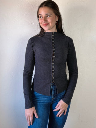The Sutton Button Mock Neck Top | Charcoal