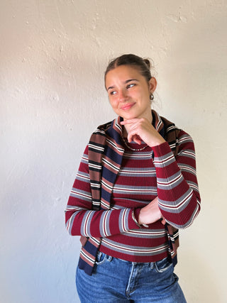 Burgundy stripe boat neck pullover by THE WORKSHOP STUDIO, LGSLV style, featuring a classic boat neckline and everyday casual fit.
