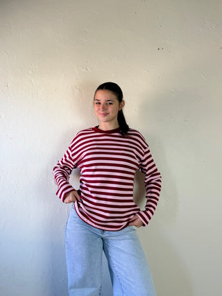 Waffle Knit Striped Top | Burgundy/Pink