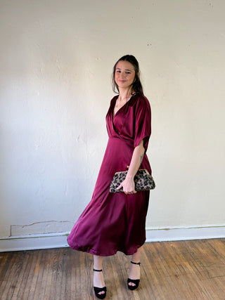 Maroon satin kimono sleeve midi dress by Sunday Edition by Le Lis, featuring elegant flowing fabric and a sophisticated design.