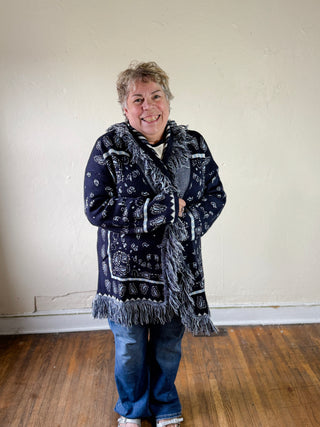 MABLE bandana fringe longline cardigan with floral pattern, long sleeves, and open front design, displayed on a neutral background.