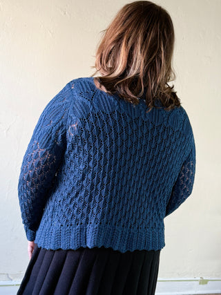 Dark teal crochet cardigan with scallop collar, extended size, by COZY CO, featuring intricate knit details and a stylish, cozy design.