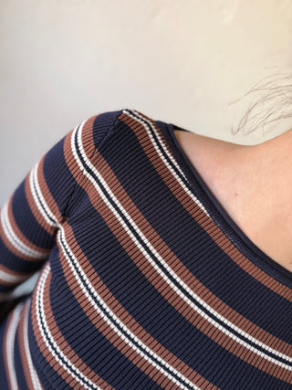 Navy striped boat neck pullover by THE WORKSHOP STUDIO, LGSLV, featuring a classic everyday style and comfortable fit.